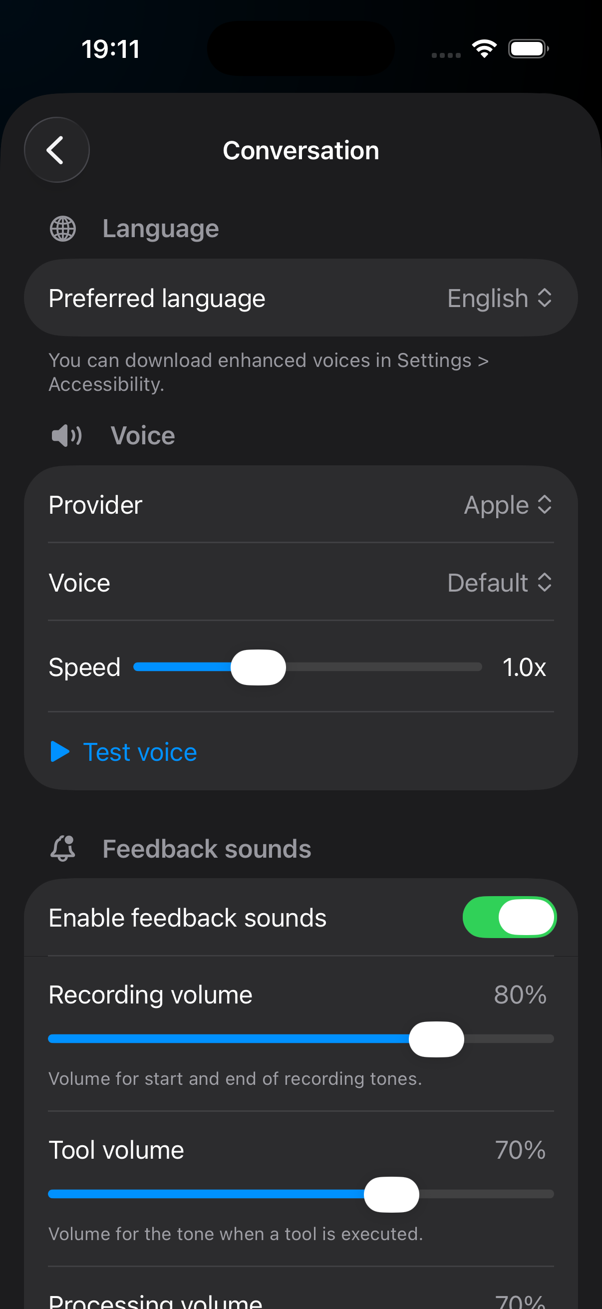 KoeCode iPhone - Conversation settings