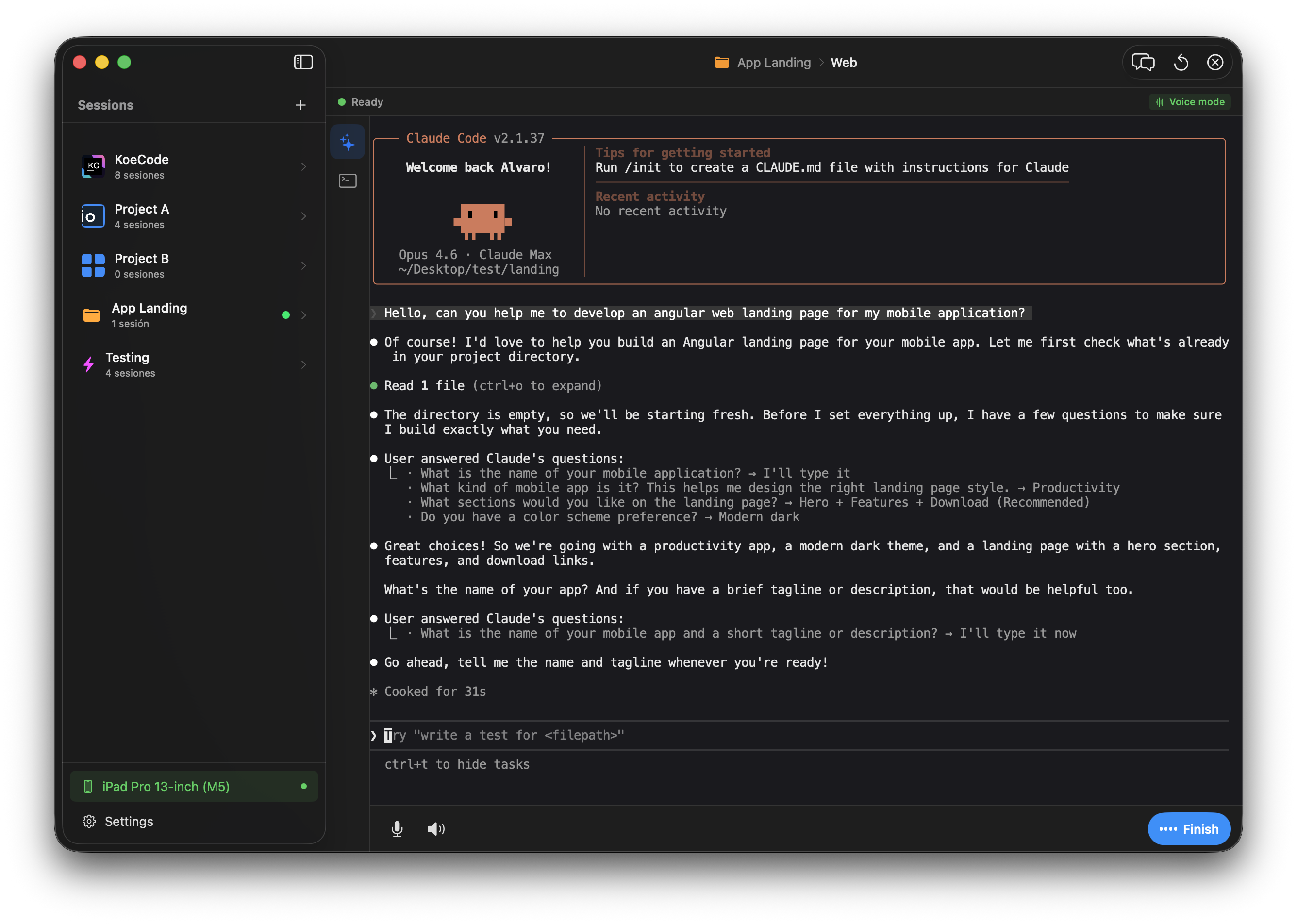 KoeCode Mac - Claude Code session