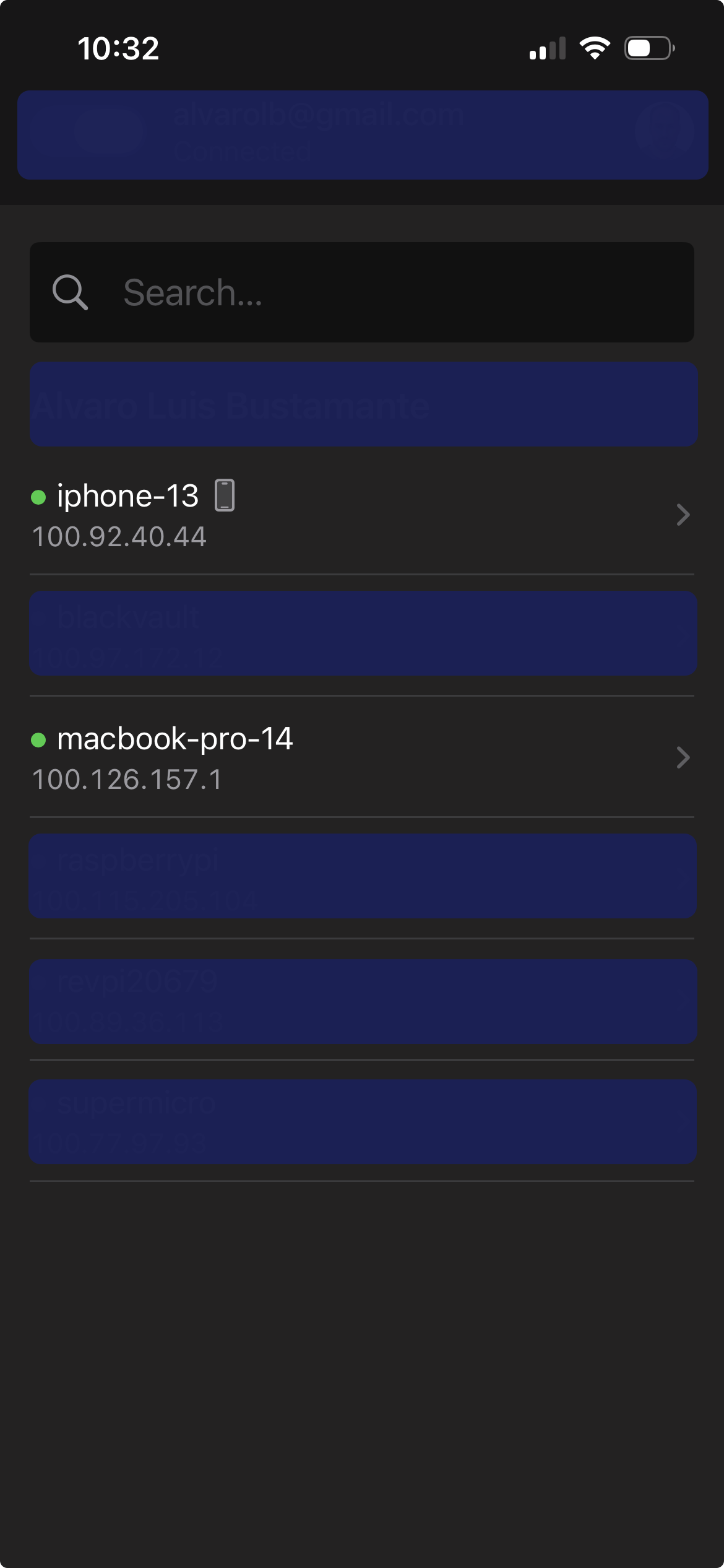 Tailscale en iPhone — lista de dispositivos