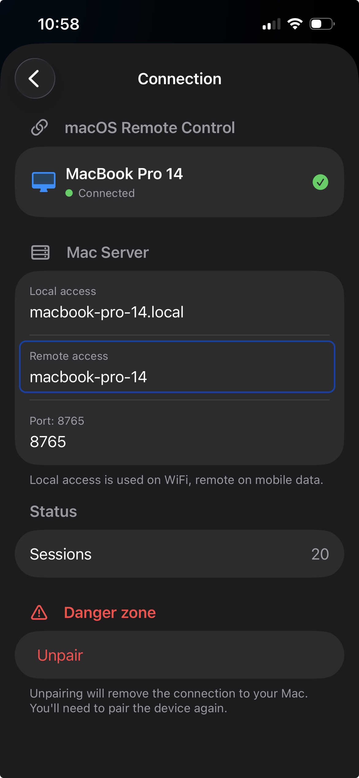 KoeCode iOS — Ajustes conexión remota
